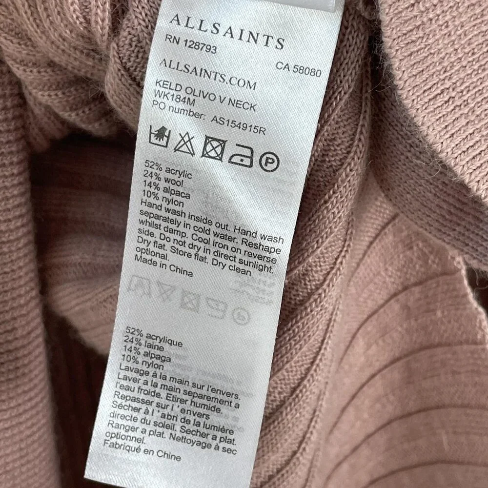 AllSaints Sweater Womens Small Pink Keld Olivo V Neck Asymmetrical‎ Hem Knit